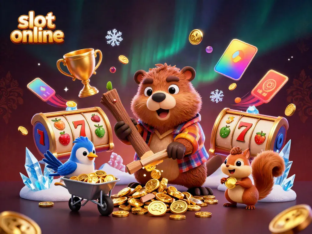 Experience thrilling slot online adventures with a vibrant 3D beaver character collecting coins and slot elements.