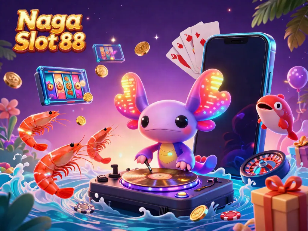 Naga Slot 88 showcases an exciting underwater casino party with bold 3D characters and vibrant gaming elements.