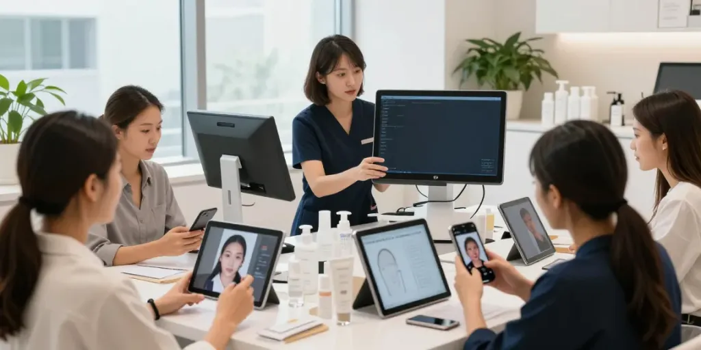 Facial analysis session demonstrating Alternatives to QOVES in a beauty studio.