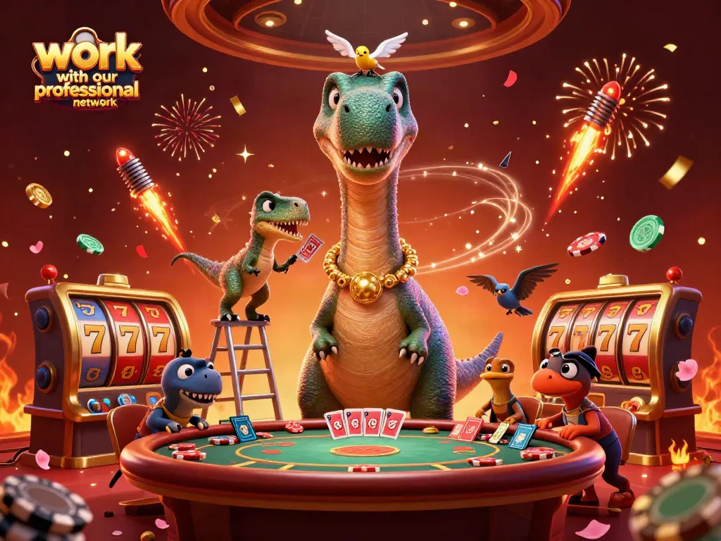 Work with our professional network to win big at our lively gaming scene with card dealing dinosaurs.