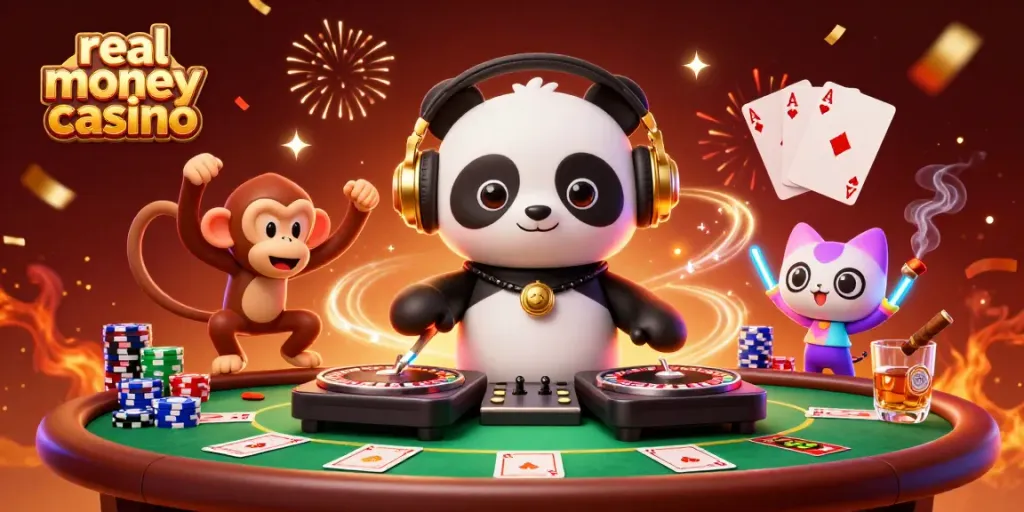 Experience the thrill of real money casino gaming with dynamic 3D characters celebrating and playing.