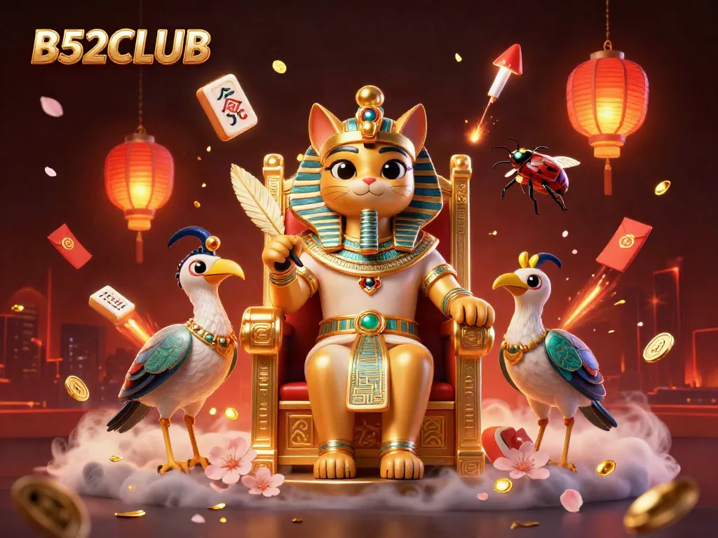 Experience excitement at B52CLUB with an Egyptian pharaoh cat and dynamic gambling elements.
