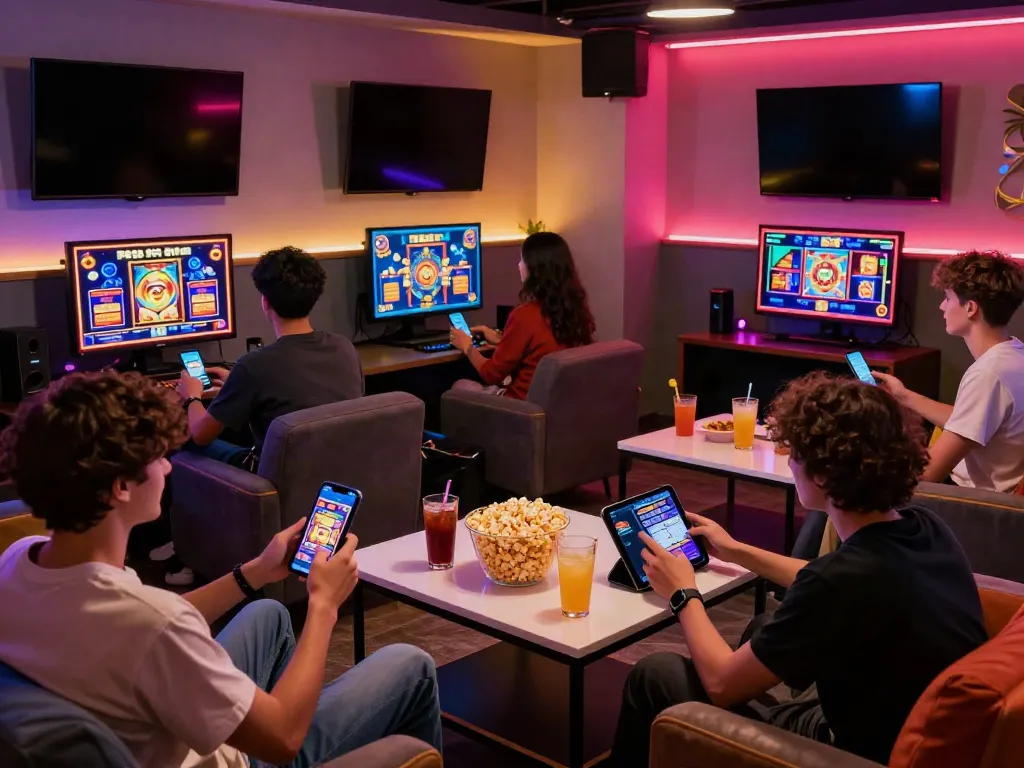 Friends enjoying PG SLOT games in a lively gaming lounge with vibrant screens and cozy atmosphere.
