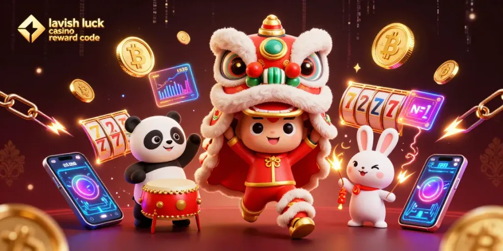 Claim exciting bonuses with Lavish Luck casino reward code as vibrant game characters and crypto elements fill the scene