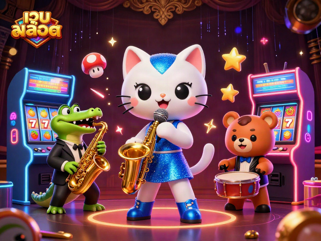 Experience the excitement of เว็บสล็อต with a lively 3D jazz scene featuring unique characters on stage.