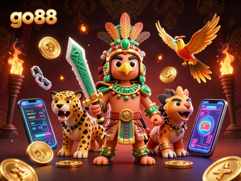 Experience go 88 with vibrant Aztec warriors and floating crypto elements in this immersive 3D illustration.