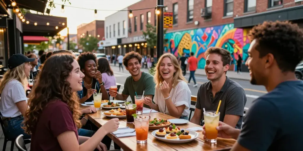 Friends enjoying a lively evening at bedfordsocialclub.com outdoor patio with gourmet food and drinks.