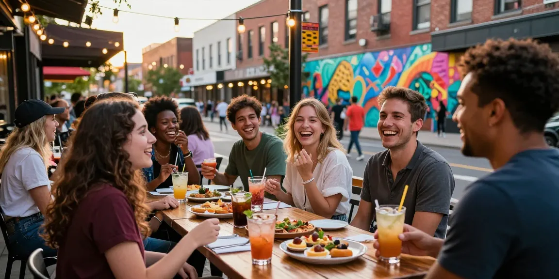 Friends enjoying a lively evening at bedfordsocialclub.com outdoor patio with gourmet food and drinks.