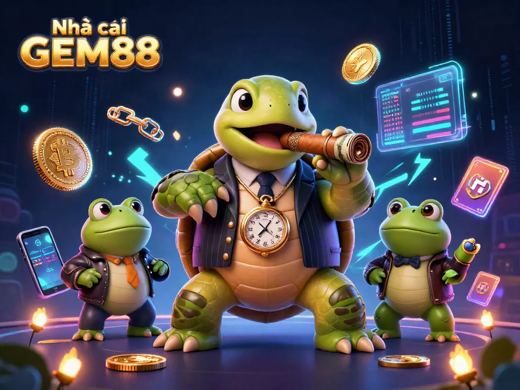 Engage with Nhà cái GEM88 through vibrant casino action featuring a snapping turtle and gaming elements.