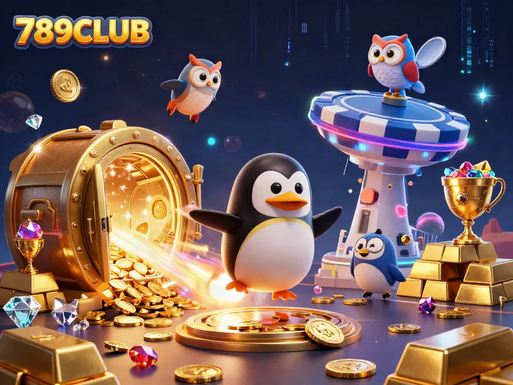 Experience excitement with 789CLUB as the golden penguin blasts towards casino riches in space.