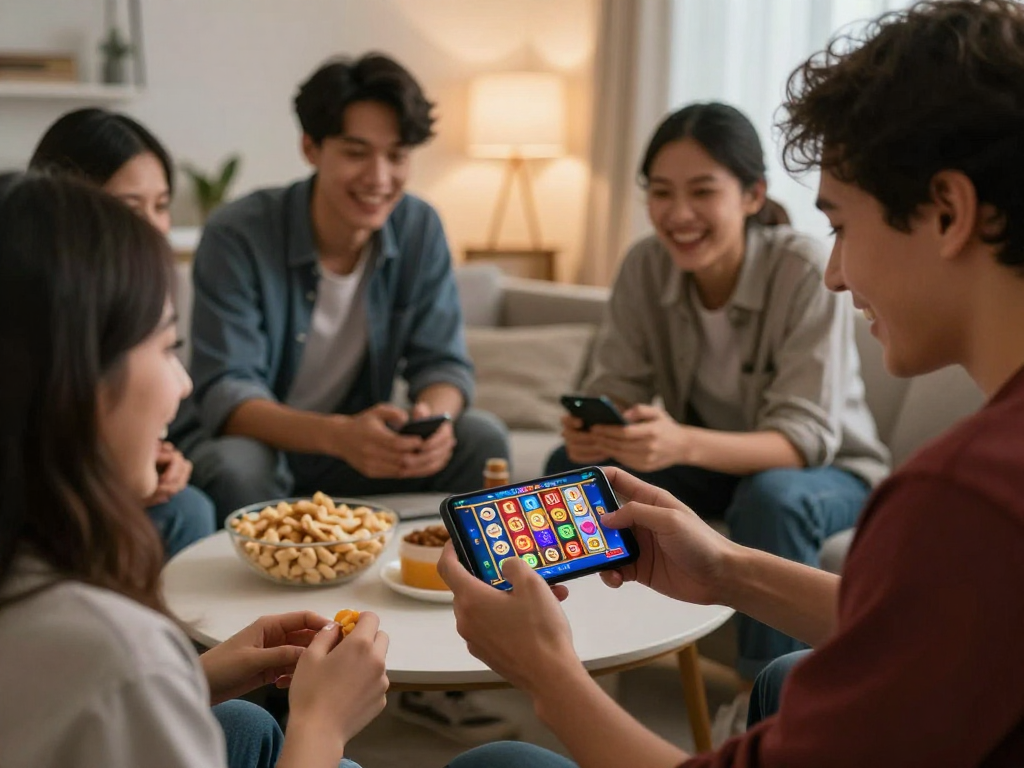 Pengguna iga 335 menikmati aplikasi slot digital dengan teman-temannya di ruang tamu yang ceria.