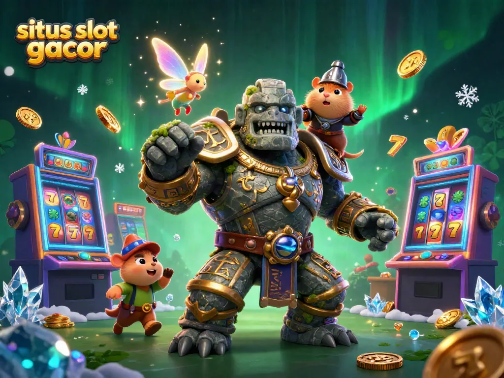 Gambaran situs slot gacor dengan golem, peri, dan ksatria hamster di kasino 3D yang hidup.