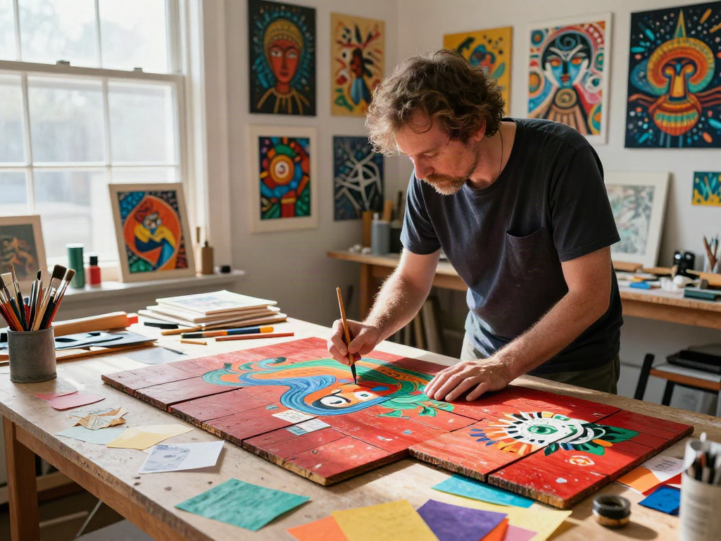 Bruce Bailey Toronto mixed media artist painting in his studio with cedar shingles.