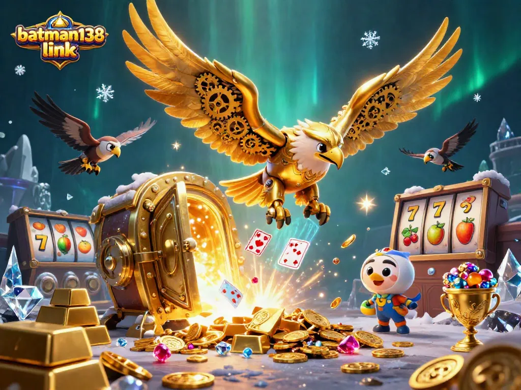 Engage with the action at batman138 link, featuring a golden eagle among treasures and slot symbols.