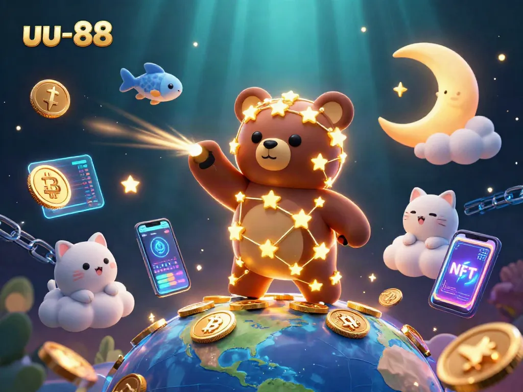 Engage with uu-88's thrilling action as the constellation bear scoops coins amidst ethereal crypto symbols.