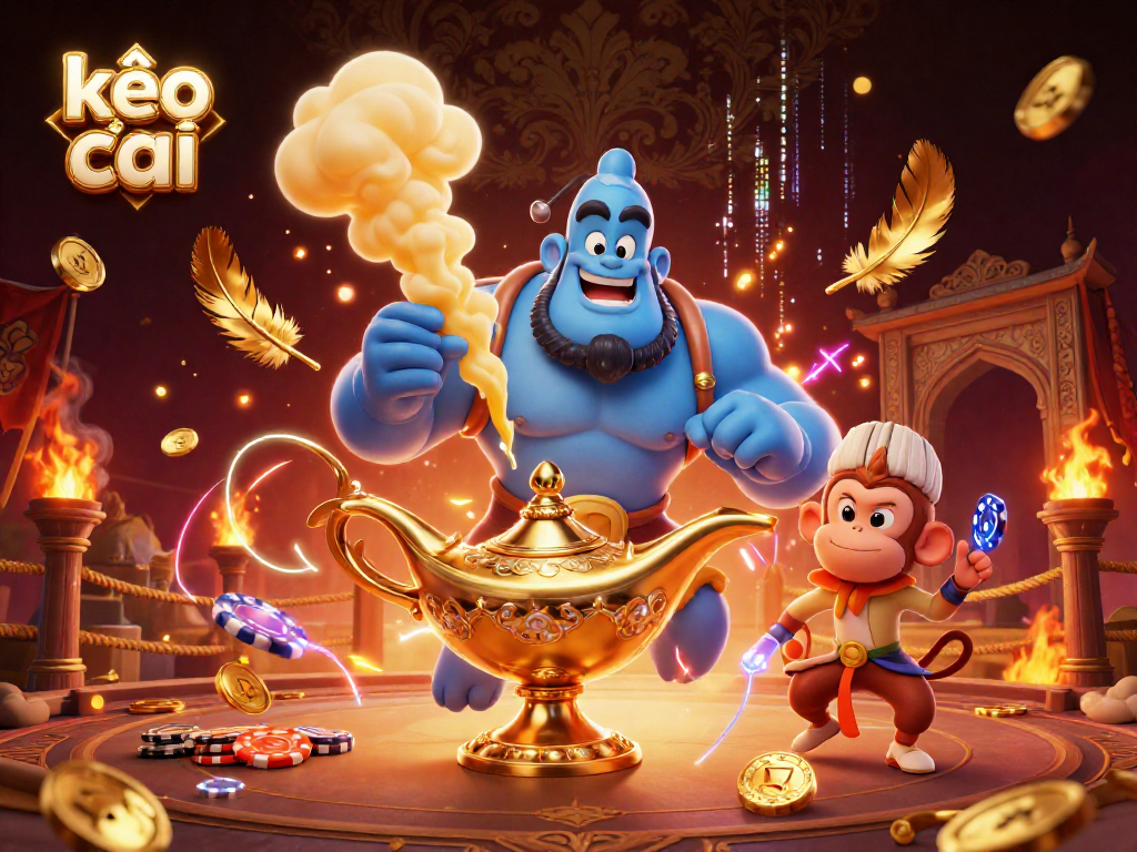 Engage with kèo nhà cái through a vibrant 3D scene featuring a genie, monkey, and poker chips.