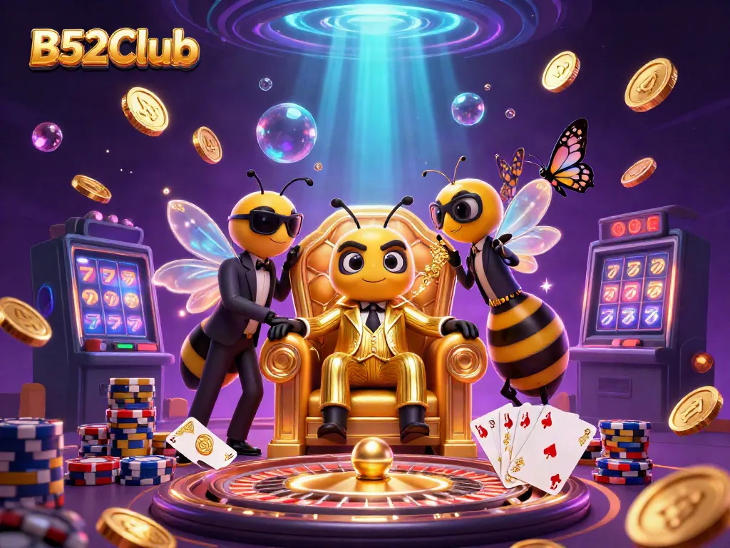 B52Club showcases a lively casino scene with animated characters surrounded by dynamic gaming elements.
