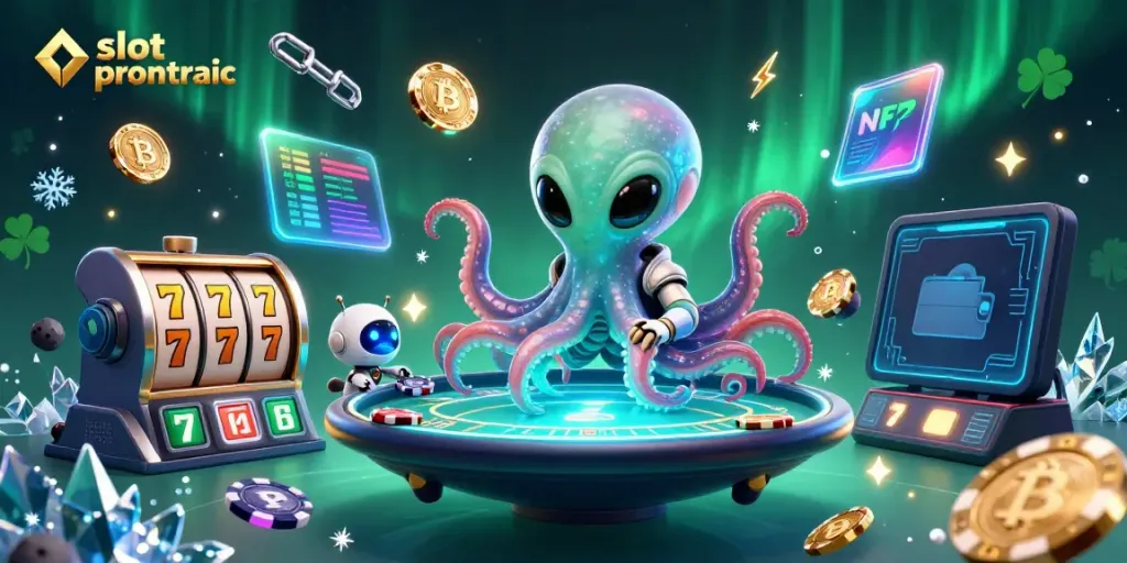 Engage with slot pragmatic games in an exciting atmosphere featuring a colorful alien octopus and holo poker table.