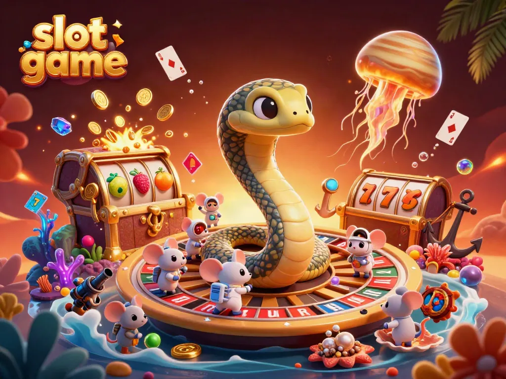Slot game dengan ular Saturnus berputar dan muatan koin emas di lautan yang berwarna cerah.