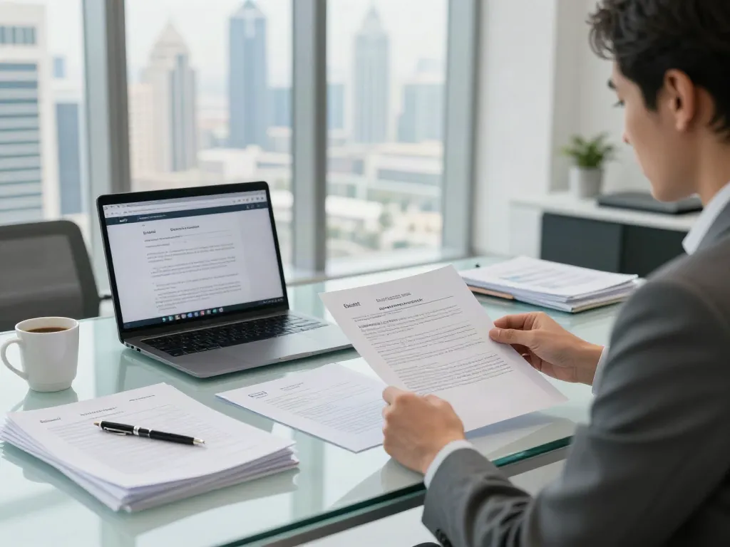 Court Filing Services Dubai expert organizing legal documents in a modern legal office with Dubai skyline views.
