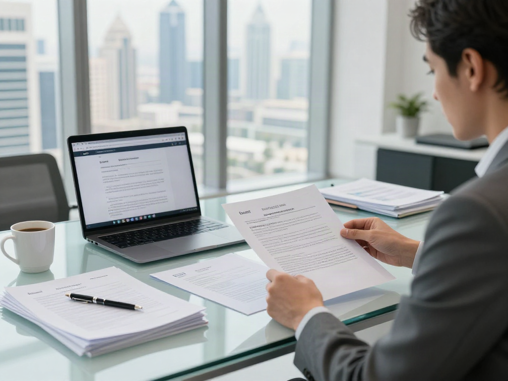 Court Filing Services Dubai expert organizing legal documents in a modern legal office with Dubai skyline views.