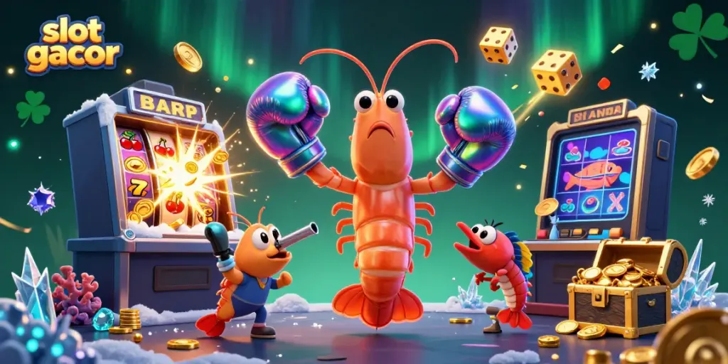 Engage with slot gacor elements in a vibrant casino scene featuring animated shrimp characters.