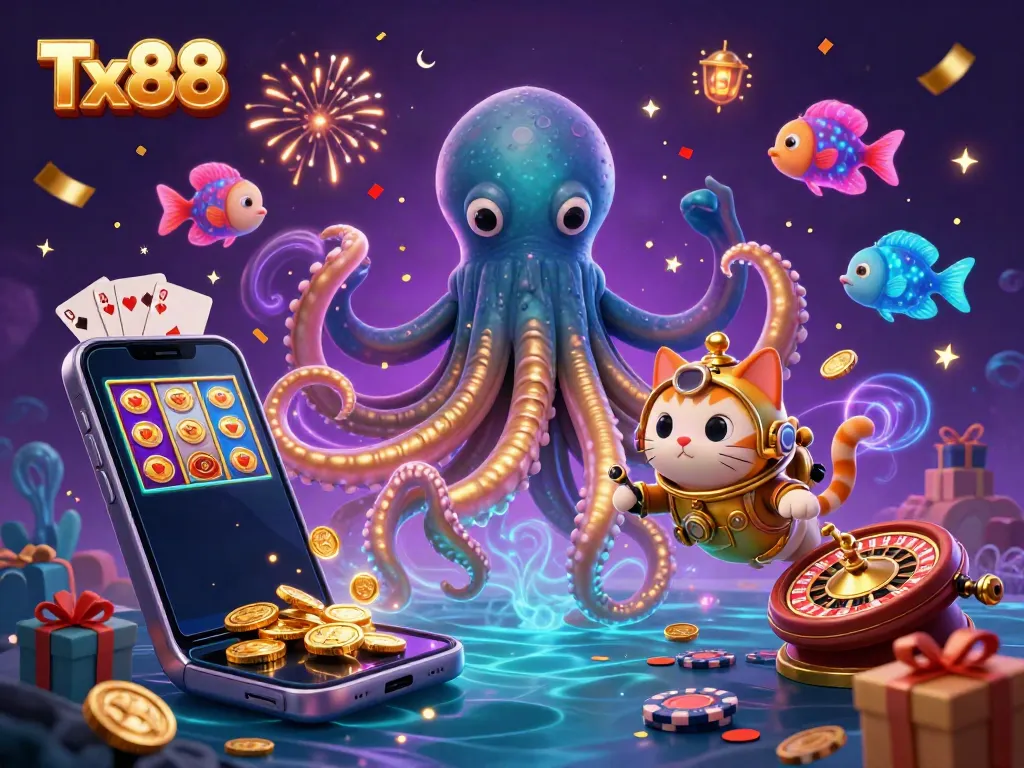 Engage with Tx88's thrilling gambling experience as a whimsical 3D kraken emerges from treasure-filled waters, with vibrant slot game elements.