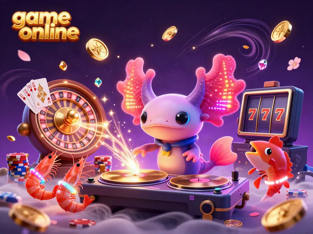 Experience game online excitement with a neon axolotl DJ and vibrant casino elements.