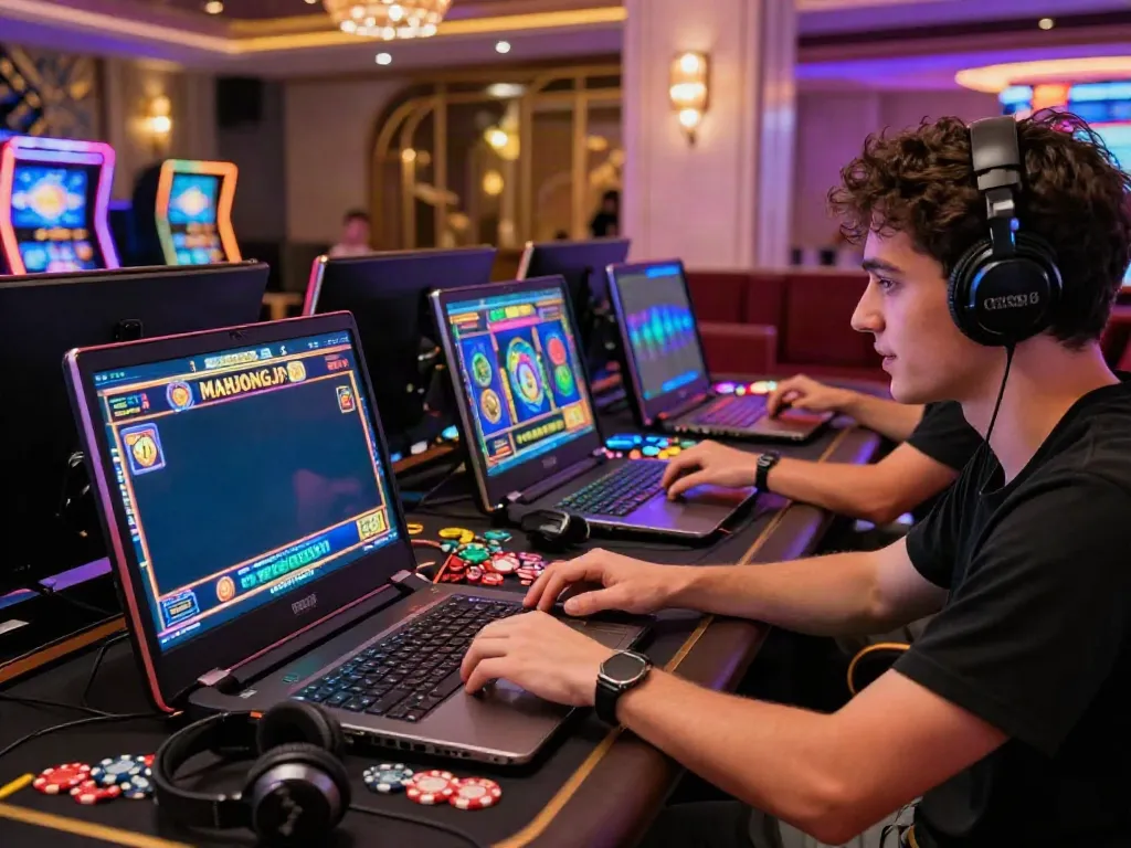 Player immersed in Slot MAHJONGJP88 gameplay at a luxury virtual casino