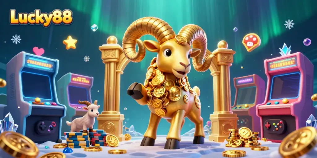 Experience thrilling action at Lucky88 with a massive golden ram charging through a vibrant casino scene filled with coins and game elements.
