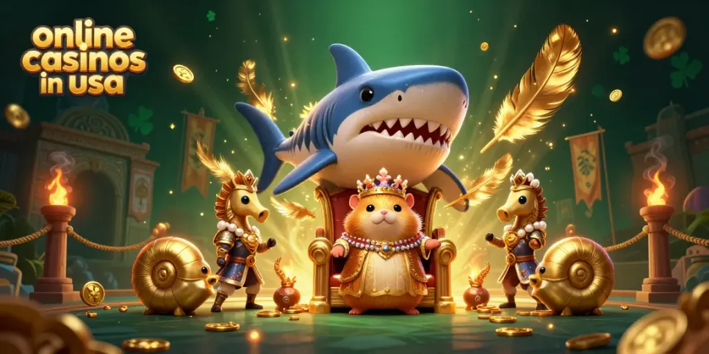 Engage at online casinos in usa with a fierce hamster king amidst swirling gold and vibrant gameplay elements.