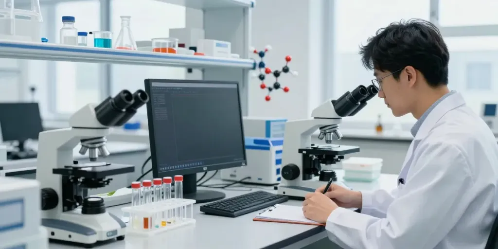 Buy research peptides in a professional laboratory setting with a researcher analyzing data.