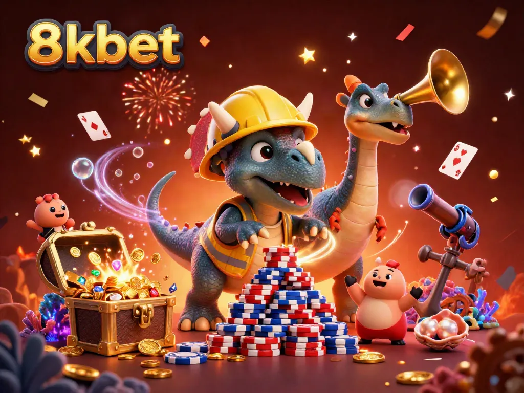 Experience the thrilling adventure of 8xbet with a cartoon triceratops and friends building poker chip pyramids.