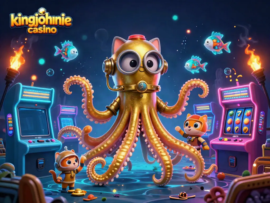 Experience the thrill of kingjohnnie casino with a vivid underwater scene showcasing a kraken and a diving cat amid colorful gaming elements.