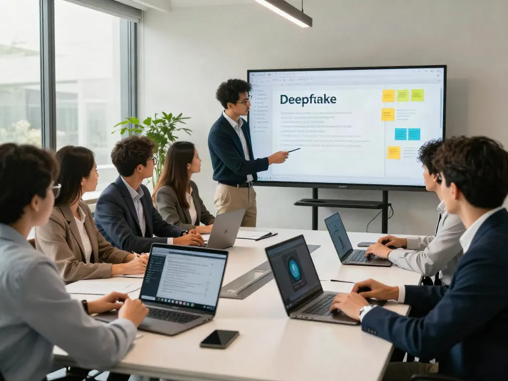 Deepfake protected meetings in a modern corporate setting with a diverse team collaborating.