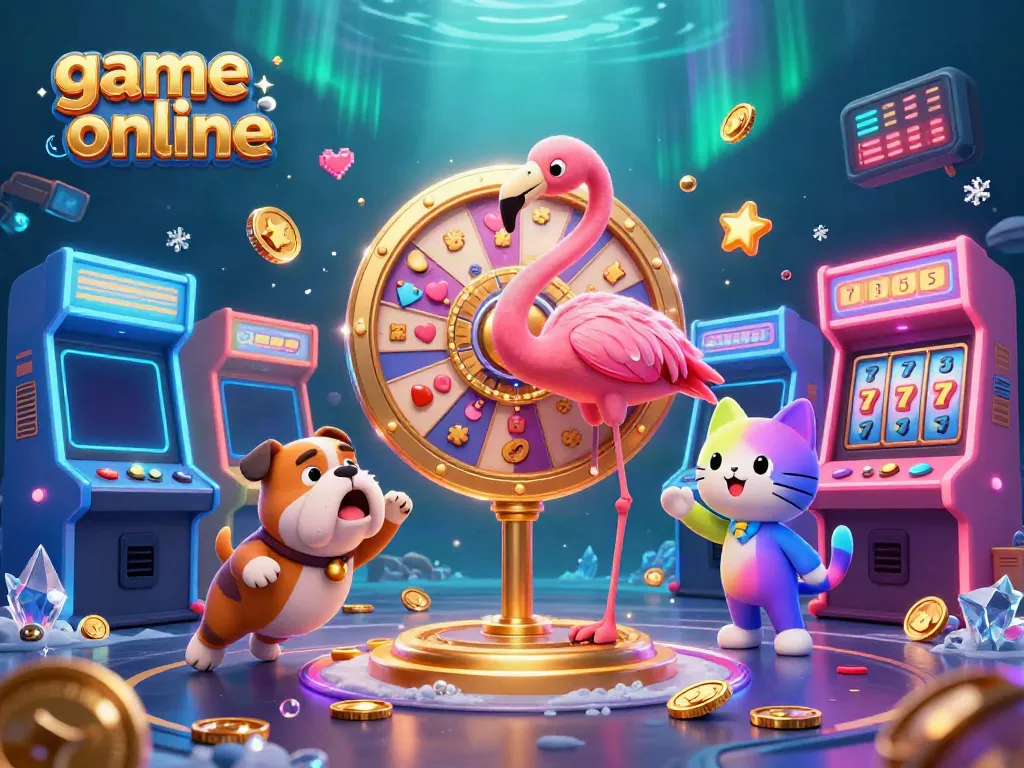 Engage in game online action with a vibrant casino scene featuring character hosts and game machines.