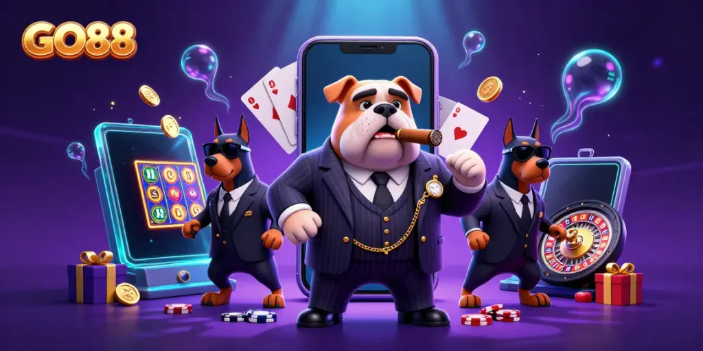Experience vibrant gambling excitement with GO88's iconic mafia bulldog and games