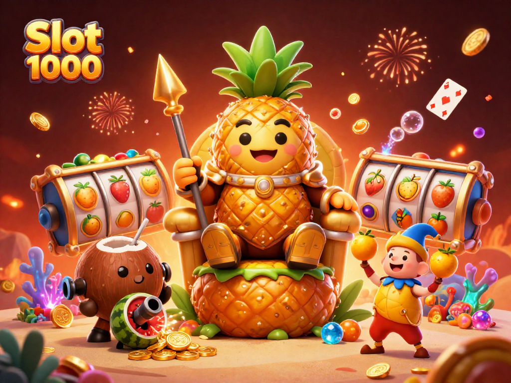 Experience Slot 1000 excitement with a golden pineapple king and casino elements in vibrant celebration.