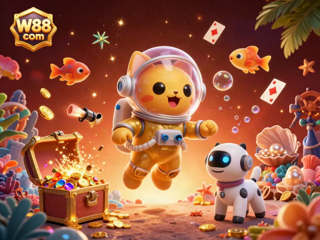 Engage in thrilling action at W88 com with an adventurous cat and robot in a vibrant 3D casino scene.