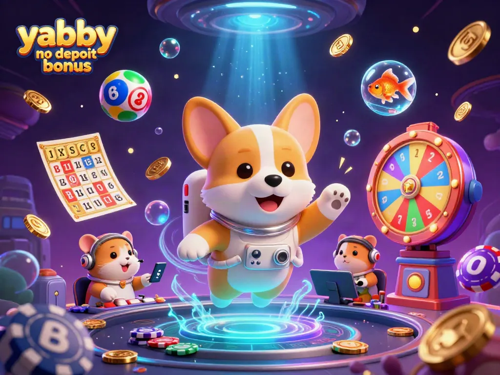 Experience the fun of yabby no deposit bonus with this vibrant casino scene featuring floating characters and game elements.