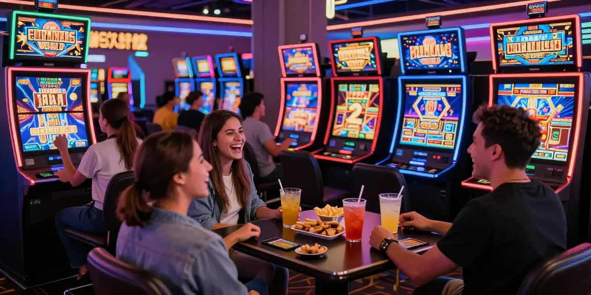 Friends celebrating while playing bandar slot games in a lively casino environment.
