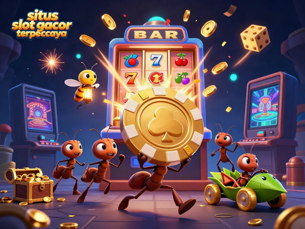 Engaging scene illustrating situs slot gacor terpercaya with ants heisting poker chip amidst a colorful casino backdrop.