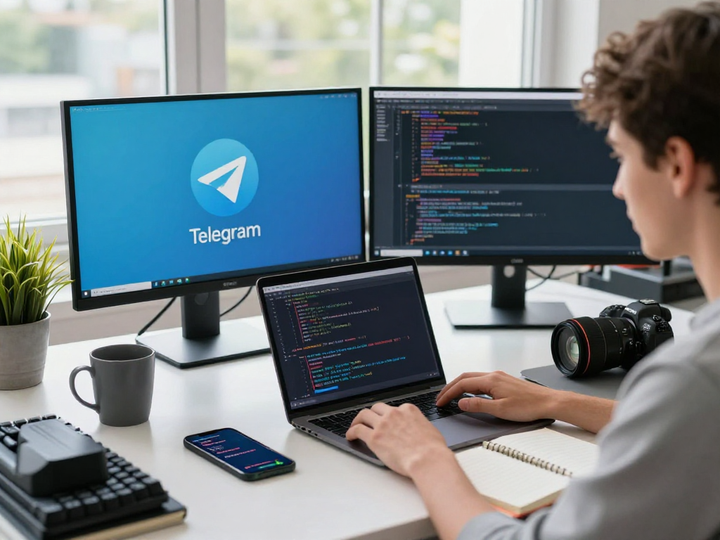 专业人士在技术工作空间中编程，桌上有显示Telegram下载接口的双显示器，营造专注氛围。
