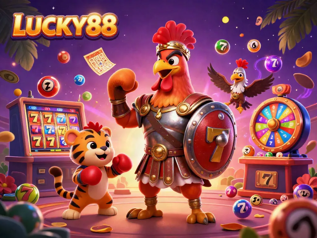 LUCKY88 casino scene featuring a gladiator rooster, tiger cub, and vibrant gaming elements.