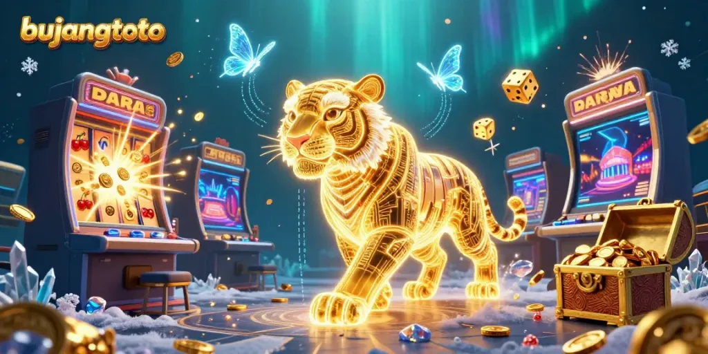 Bujangtoto showcases a vibrant casino scene with a golden tiger and digital gaming elements.