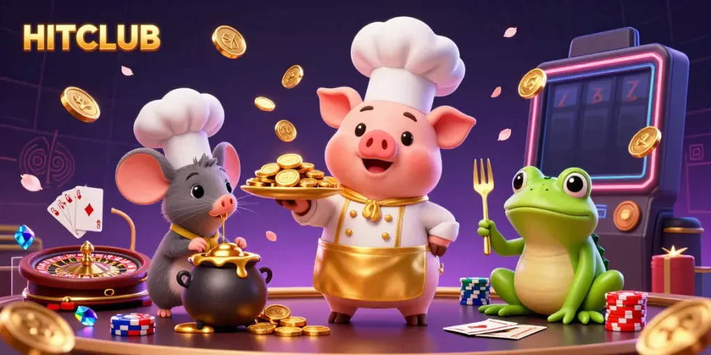 Engage with HITCLUB in an ultra-detailed scene featuring a chef pig, sous-chef mouse, and critic frog within a dynamic casino atmosphere.