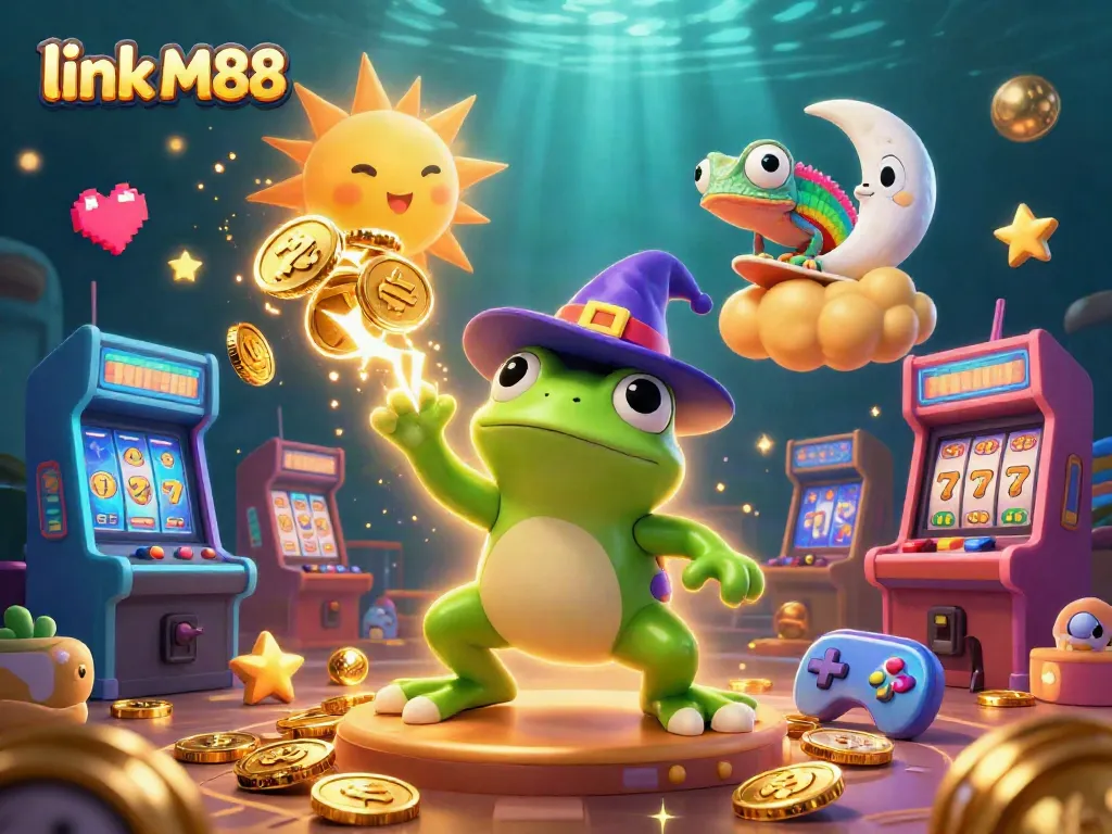 Engage in exciting gameplay with link M88, featuring vibrant 3D casino elements and a lively cartoon scene.