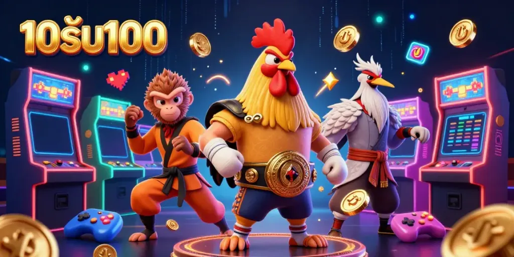 ภาพ 3D สวยงามของเกมคาสิโน ภาพงานศิลปะ 10รับ100 มีตัวละครในคาสิโนรอบเครื่องเกมที่มีสีสัน