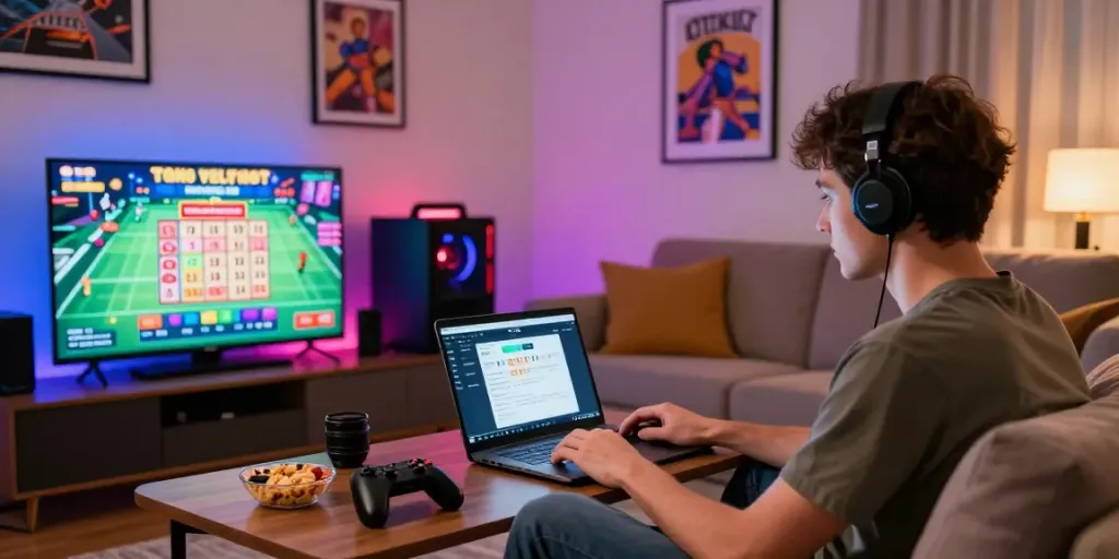 Penggemar Bandar Togel bermain di laptop dengan suasana nyaman dan pencahayaan neon.