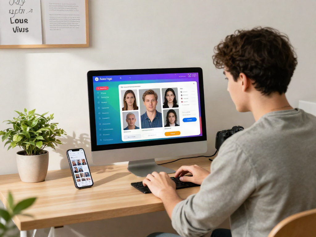 User interacting with an AI age estimation tool, asking how old do I look with a colorful interface on their computer screen.